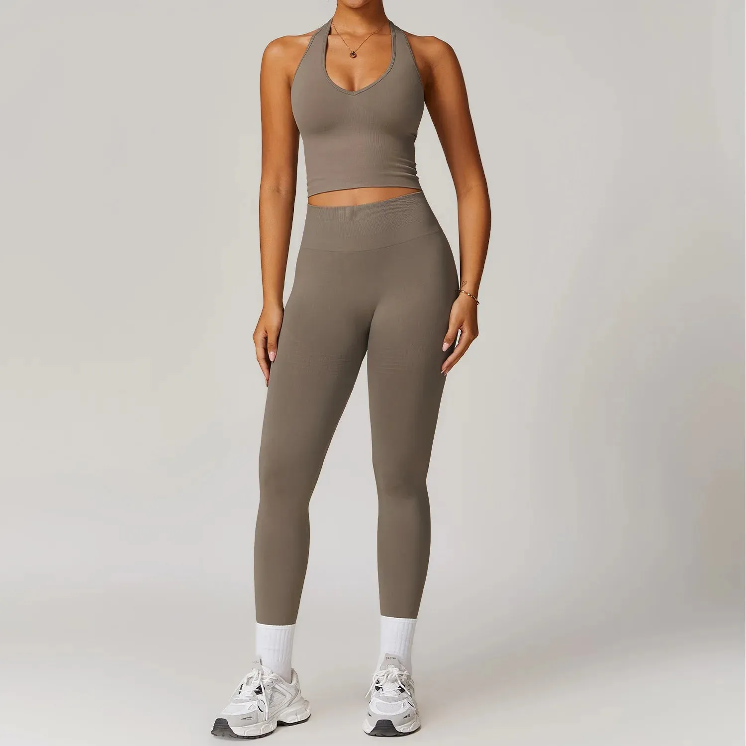2 Pieces Seamless V Neck Crop Top & High Waisted Leggings