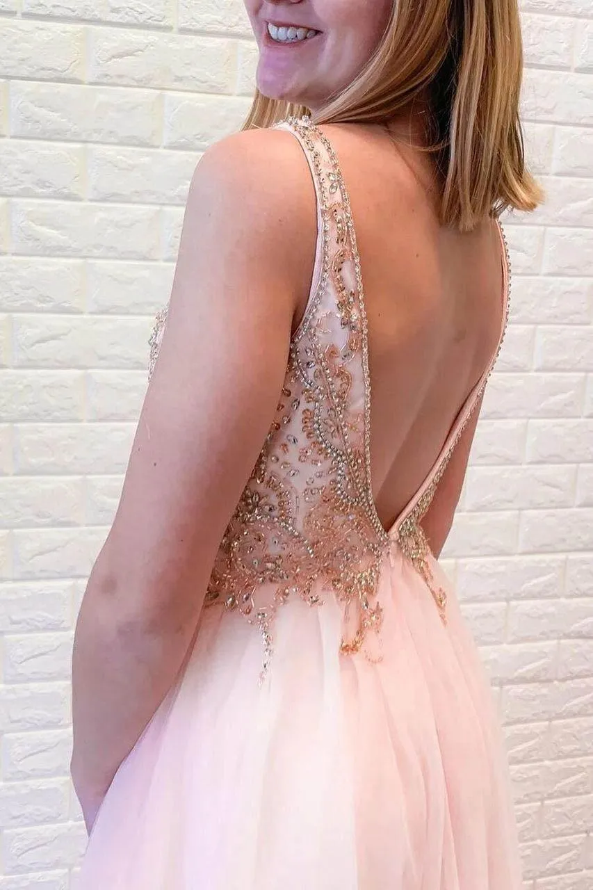 A-Line Pink Tulle V-neck Backless Beading Crystal Prom/Formal Dress PSK151