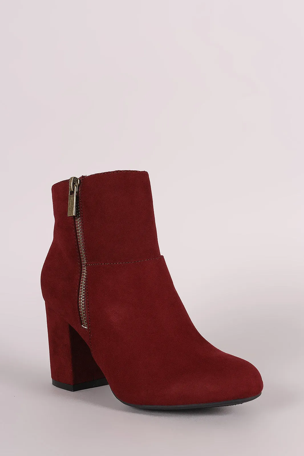 Bamboo Suede Zipper Accent Chunky Heeled Ankle Boots