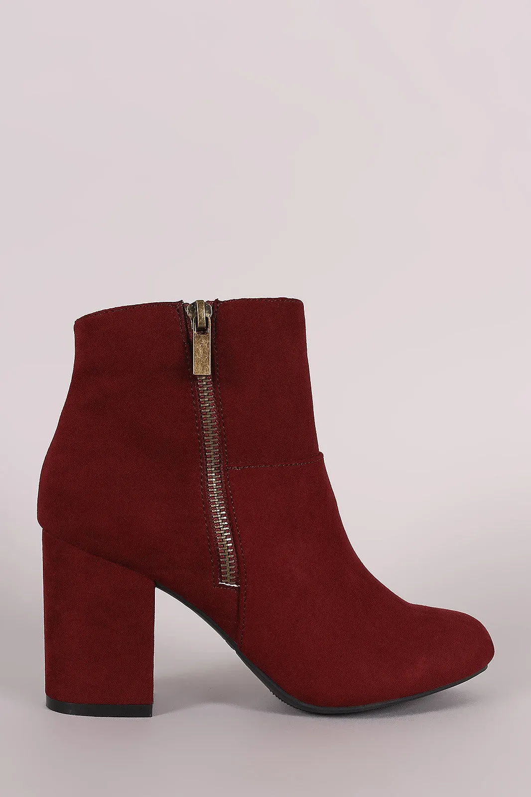 Bamboo Suede Zipper Accent Chunky Heeled Ankle Boots