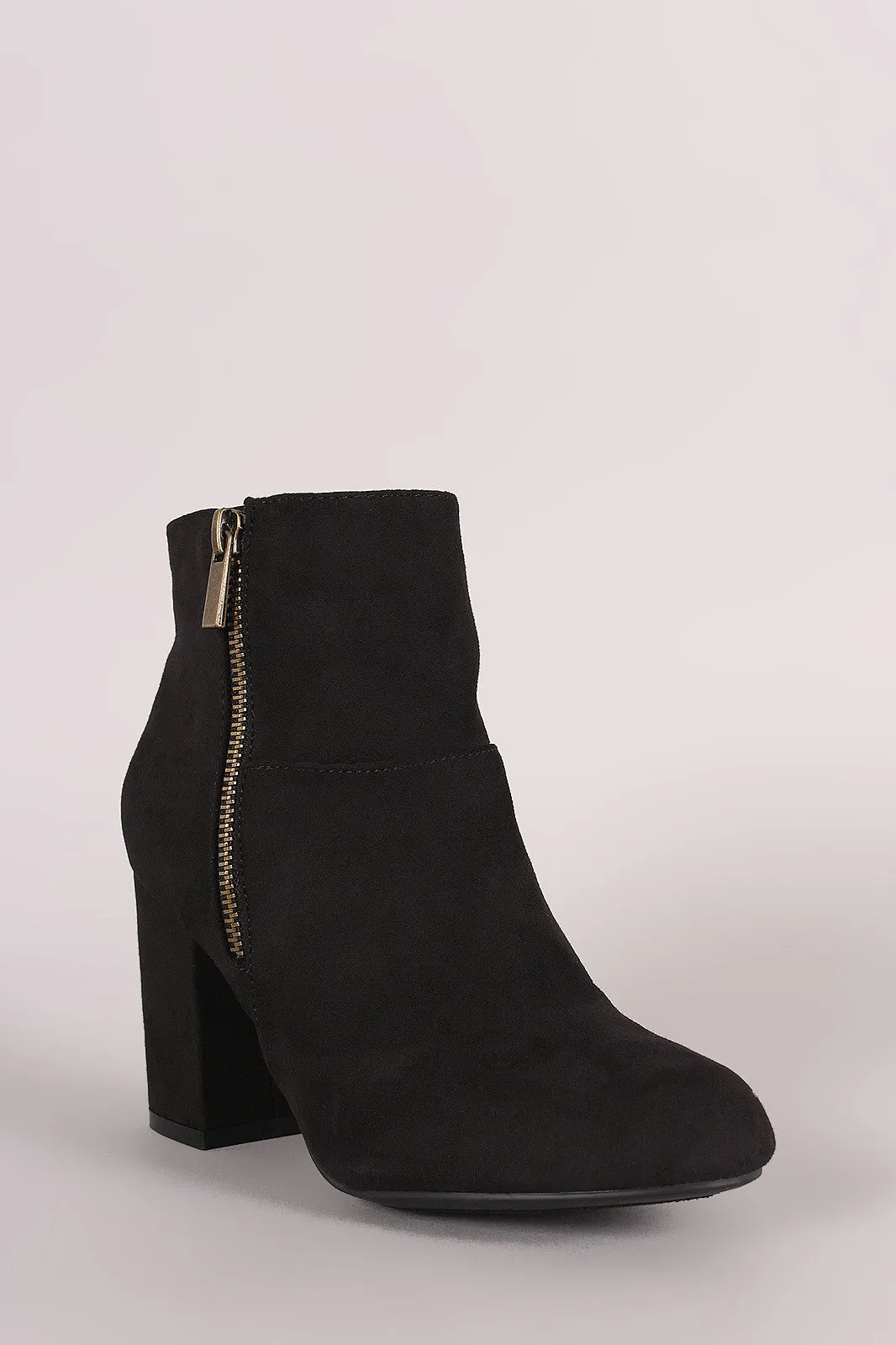 Bamboo Suede Zipper Accent Chunky Heeled Ankle Boots