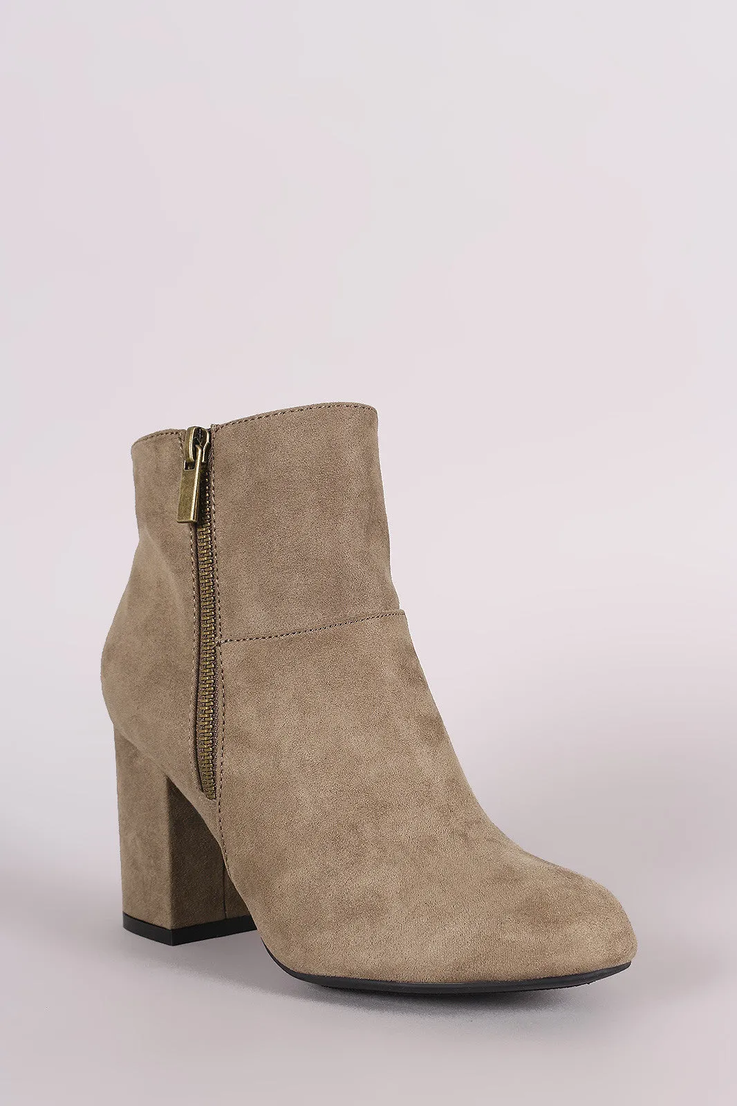 Bamboo Suede Zipper Accent Chunky Heeled Ankle Boots