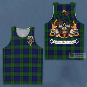 Bannatyne Tartan Men's Tank Top with Family Crest and Bearded Skull Holding Bottles of Whiskey