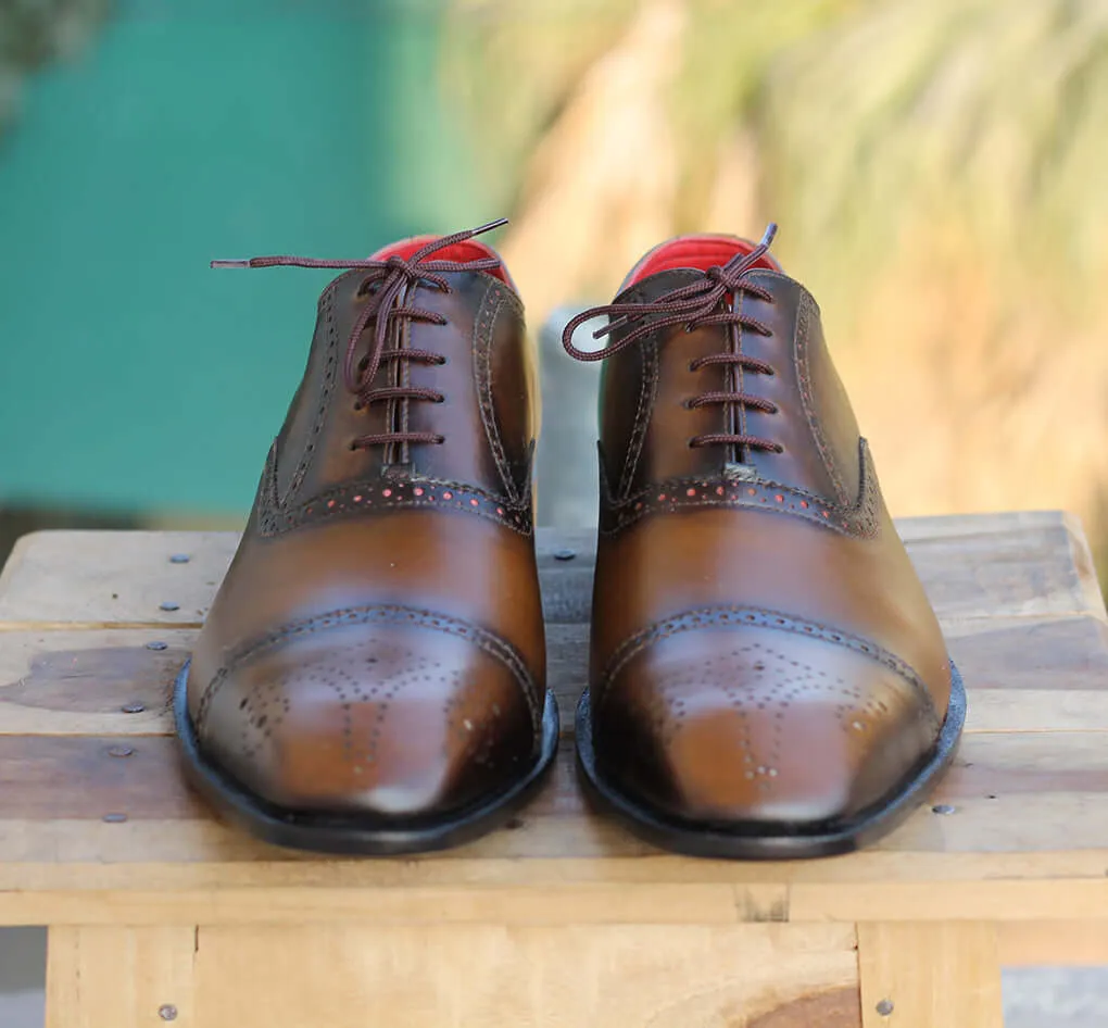 Bespoke Brown Leather Cap Toe Lace Up Shoe for Men