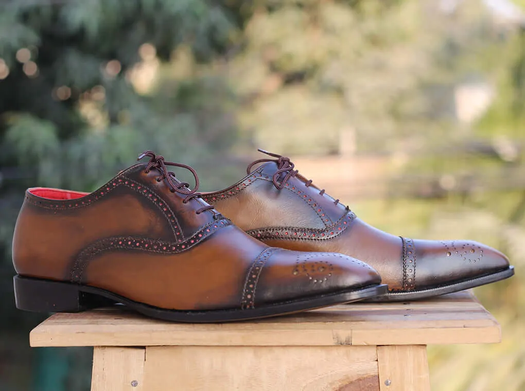 Bespoke Brown Leather Cap Toe Lace Up Shoe for Men
