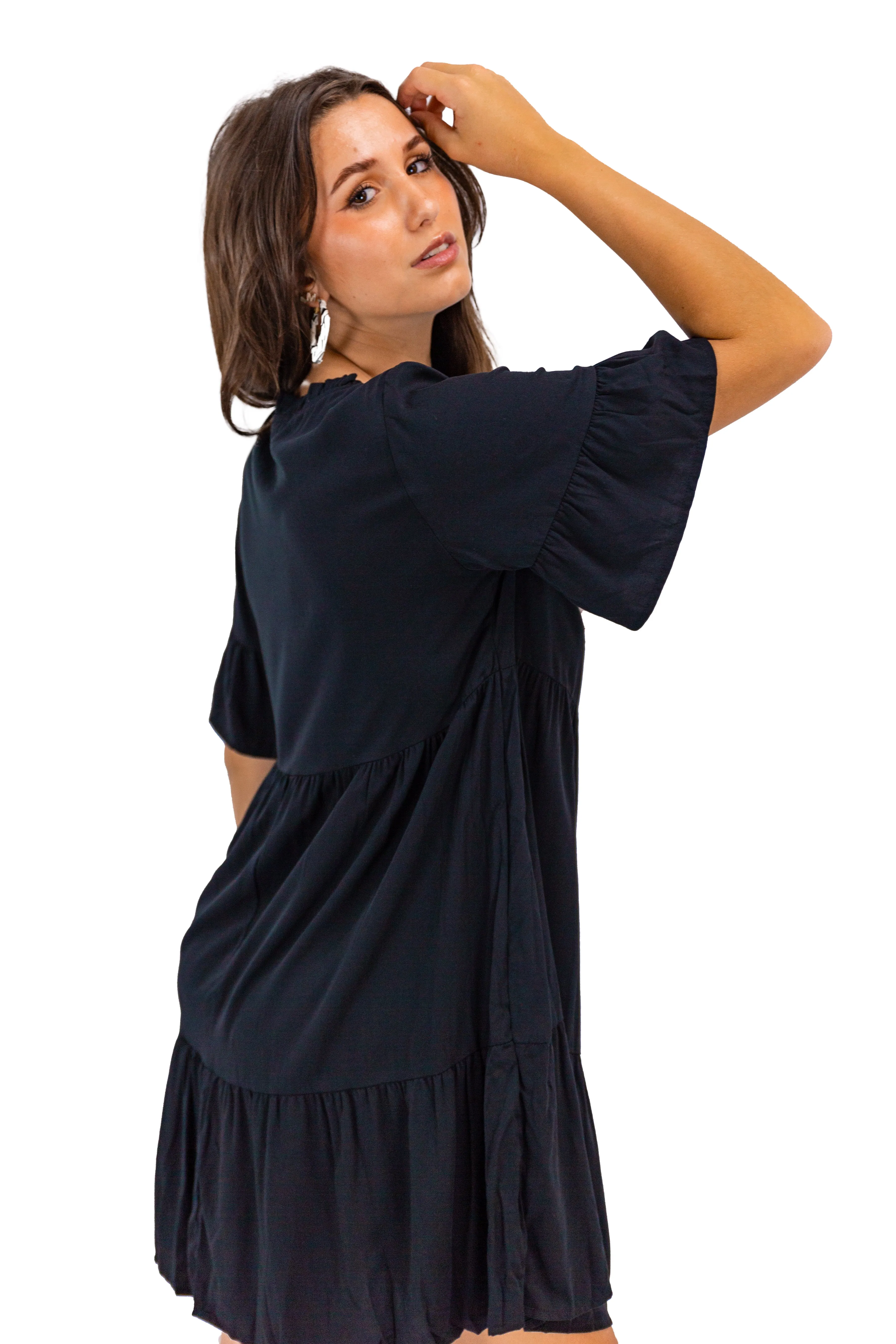 Black Flowy V-neck Mini Dress for Women's