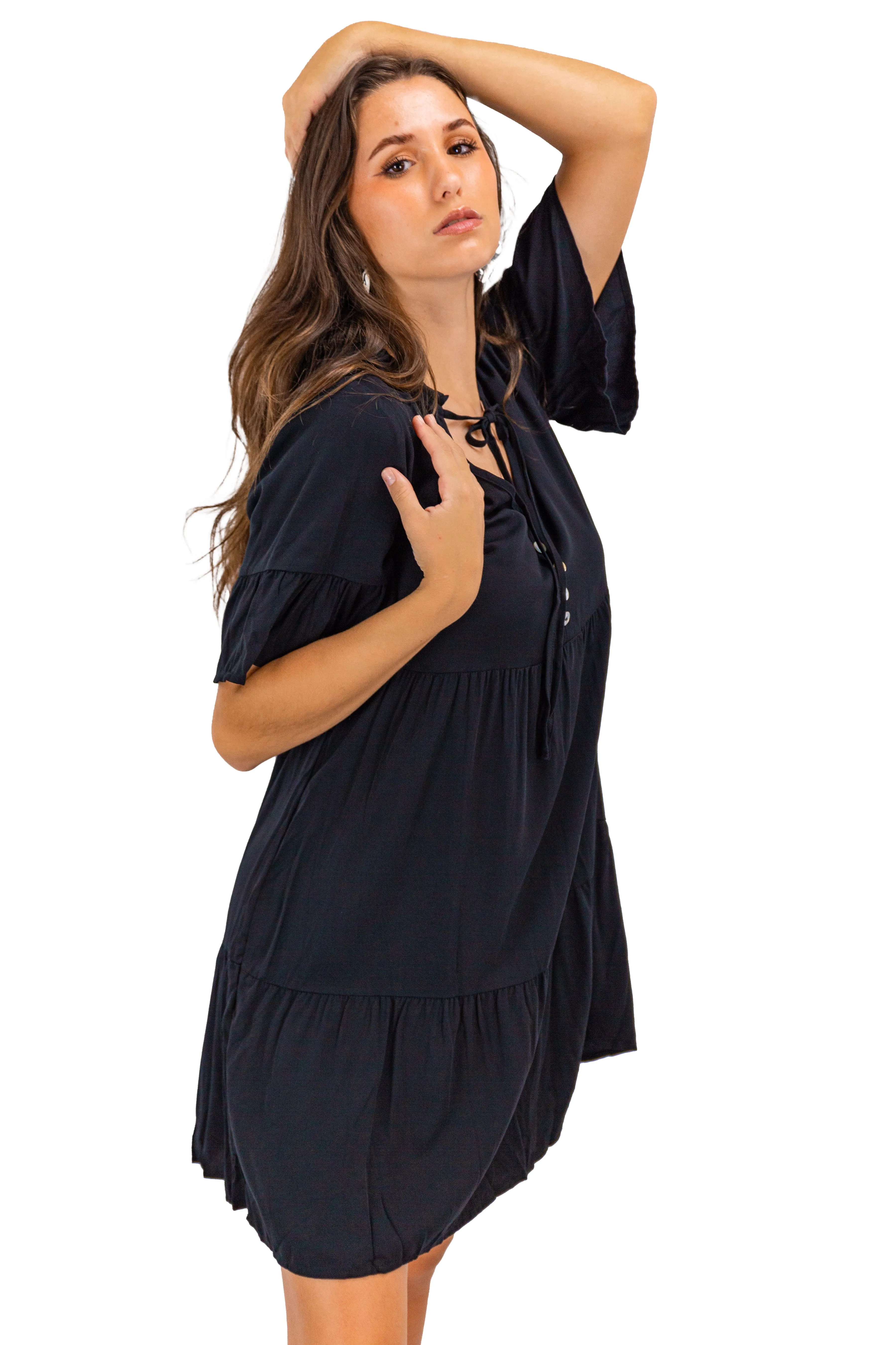 Black Flowy V-neck Mini Dress for Women's