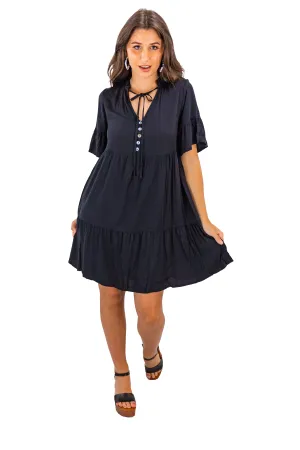 Black Flowy V-neck Mini Dress for Women's