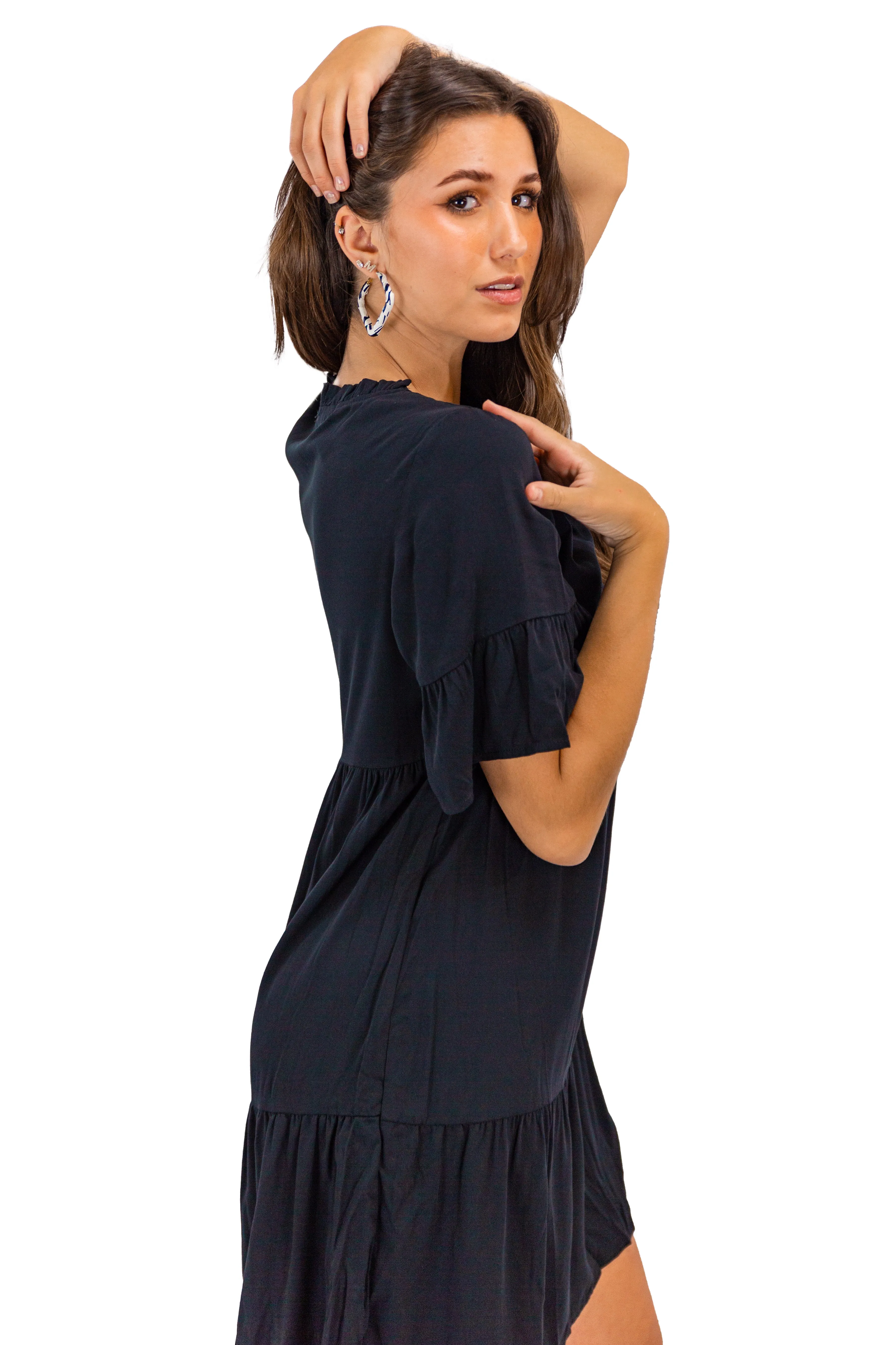 Black Flowy V-neck Mini Dress for Women's