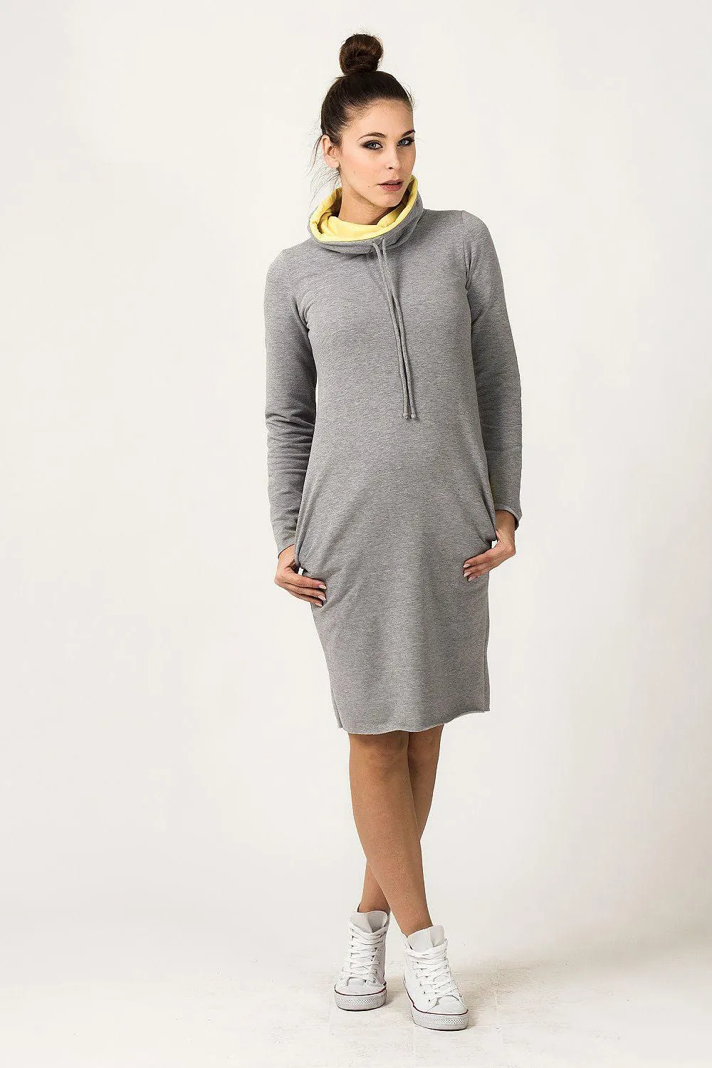 Chic Knitted Dress with Funnel Neckline and Functional Pockets - Tessita Style 93553