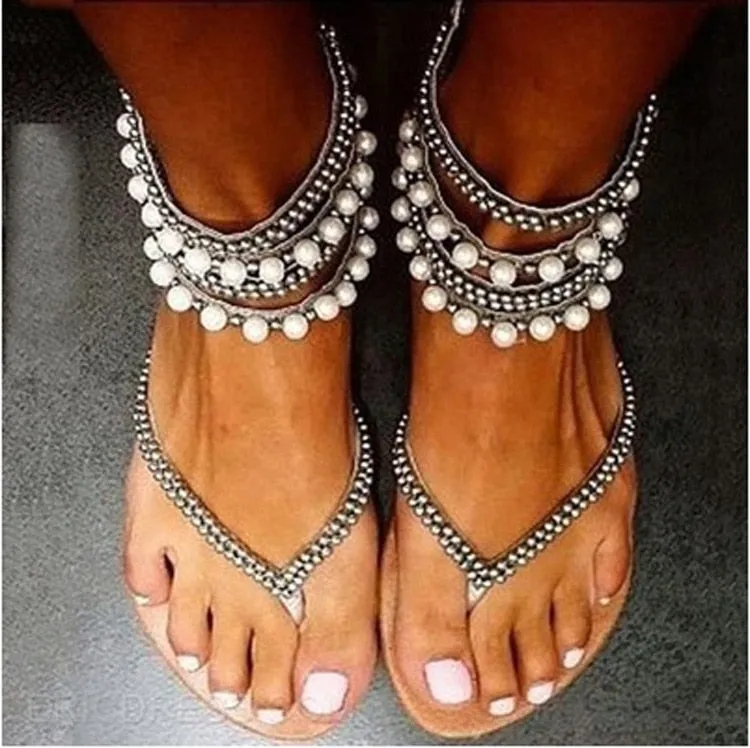 Crystal sandals Summer rhinestone ankle strap flat shoes female beach shoes
