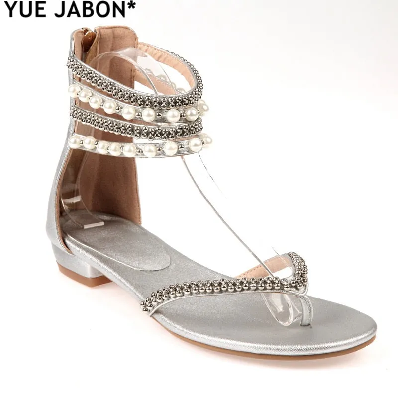 Crystal sandals Summer rhinestone ankle strap flat shoes female beach shoes