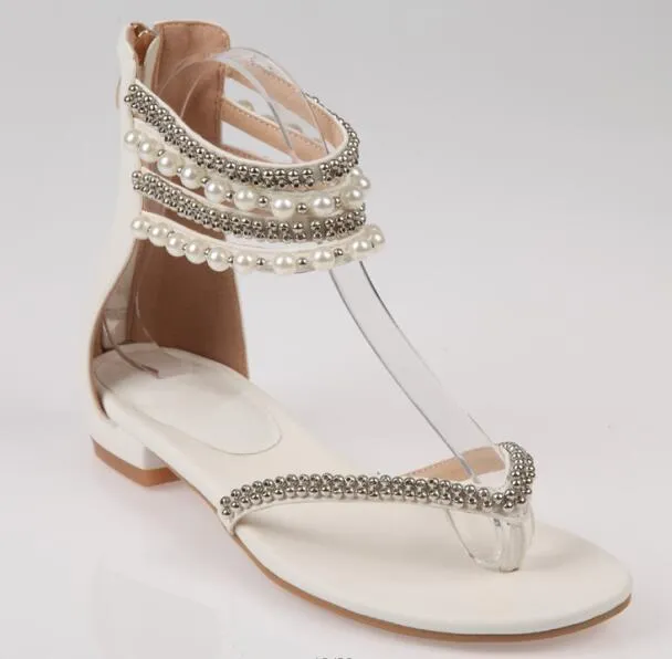 Crystal sandals Summer rhinestone ankle strap flat shoes female beach shoes