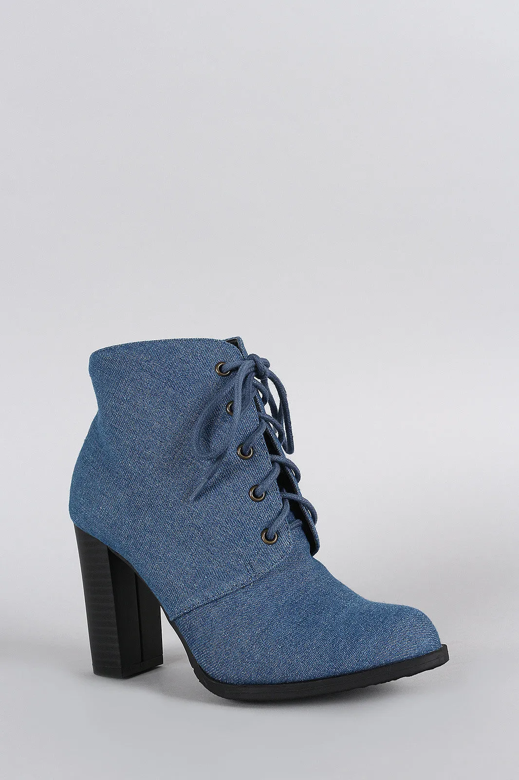 Denim Almond Toe Lace Up Heeled Combat Ankle Boots
