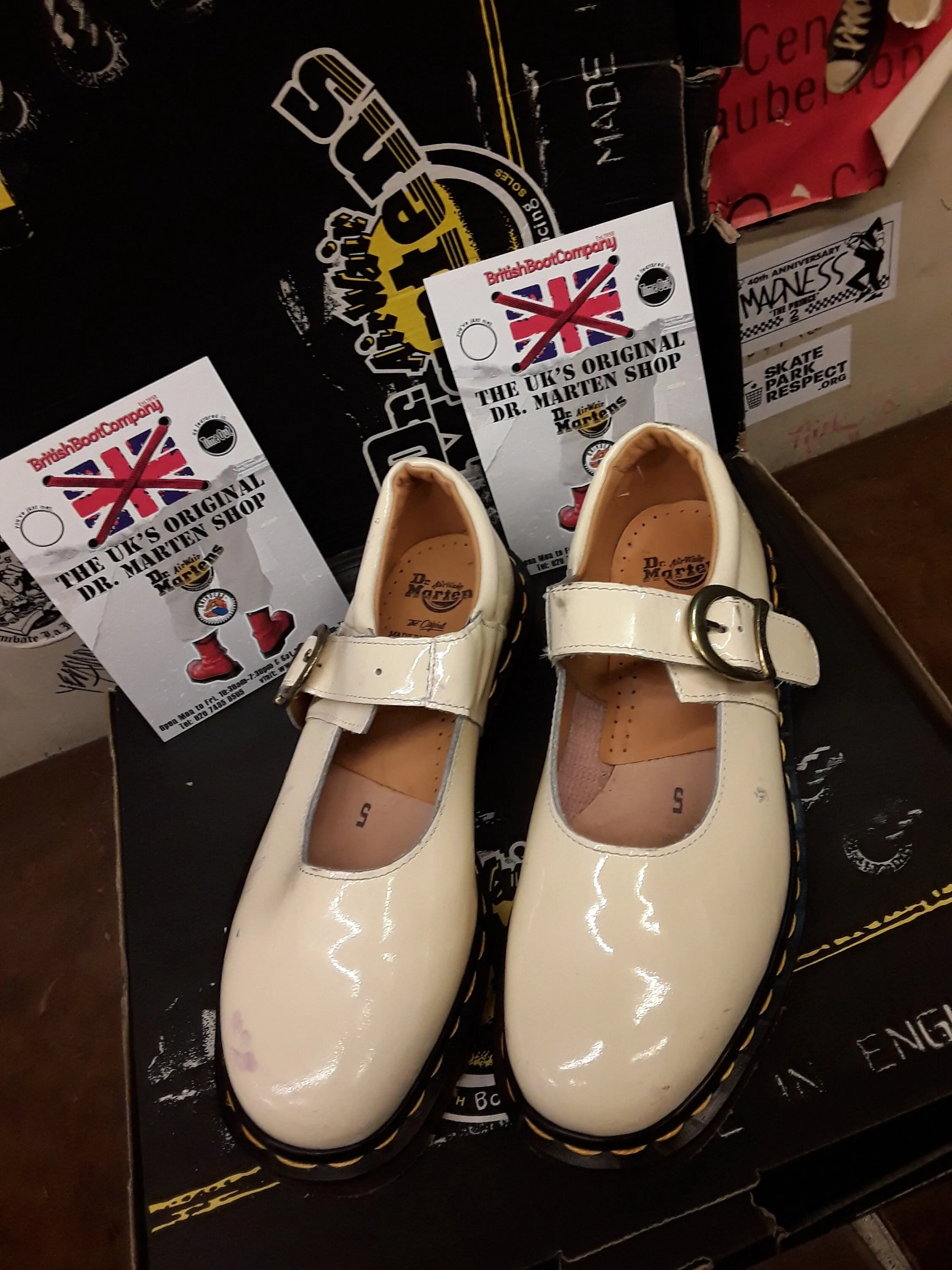 Dr Martens Strap Shoes, Made in England, Size UK5, Vintage 90's, Off White Patent  / 8141z