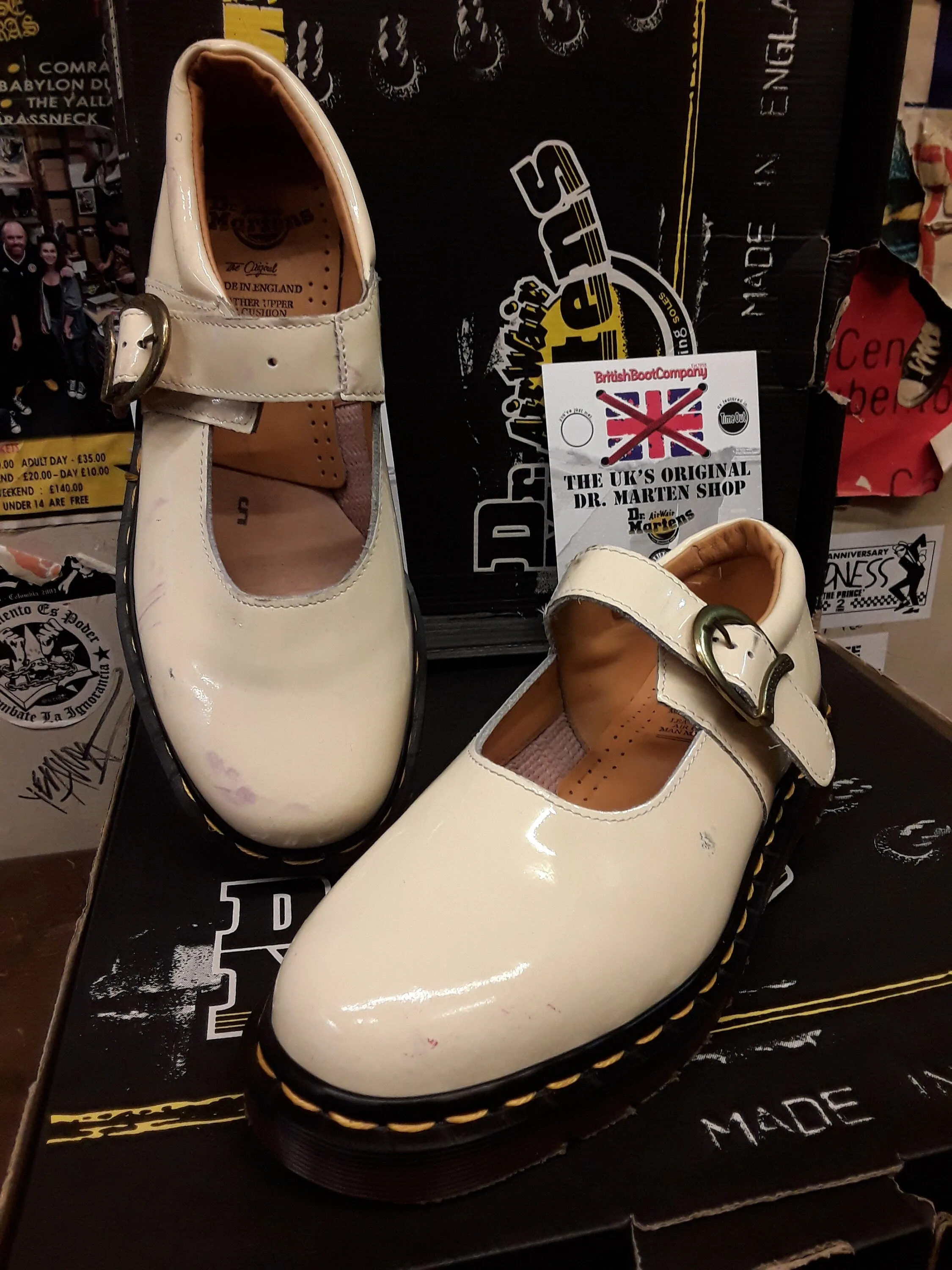 Dr Martens Strap Shoes, Made in England, Size UK5, Vintage 90's, Off White Patent  / 8141z