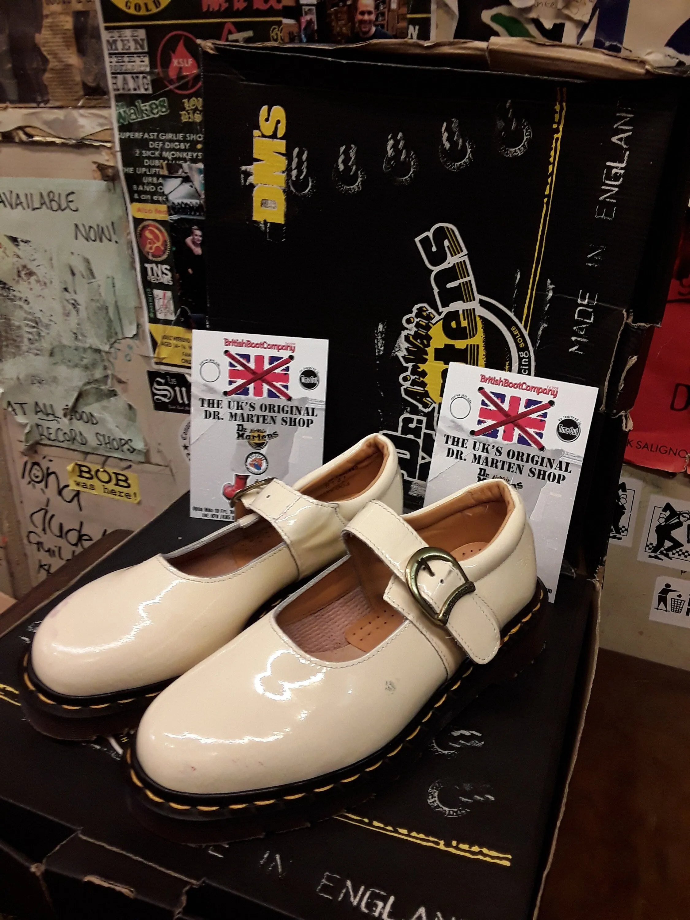 Dr Martens Strap Shoes, Made in England, Size UK5, Vintage 90's, Off White Patent  / 8141z