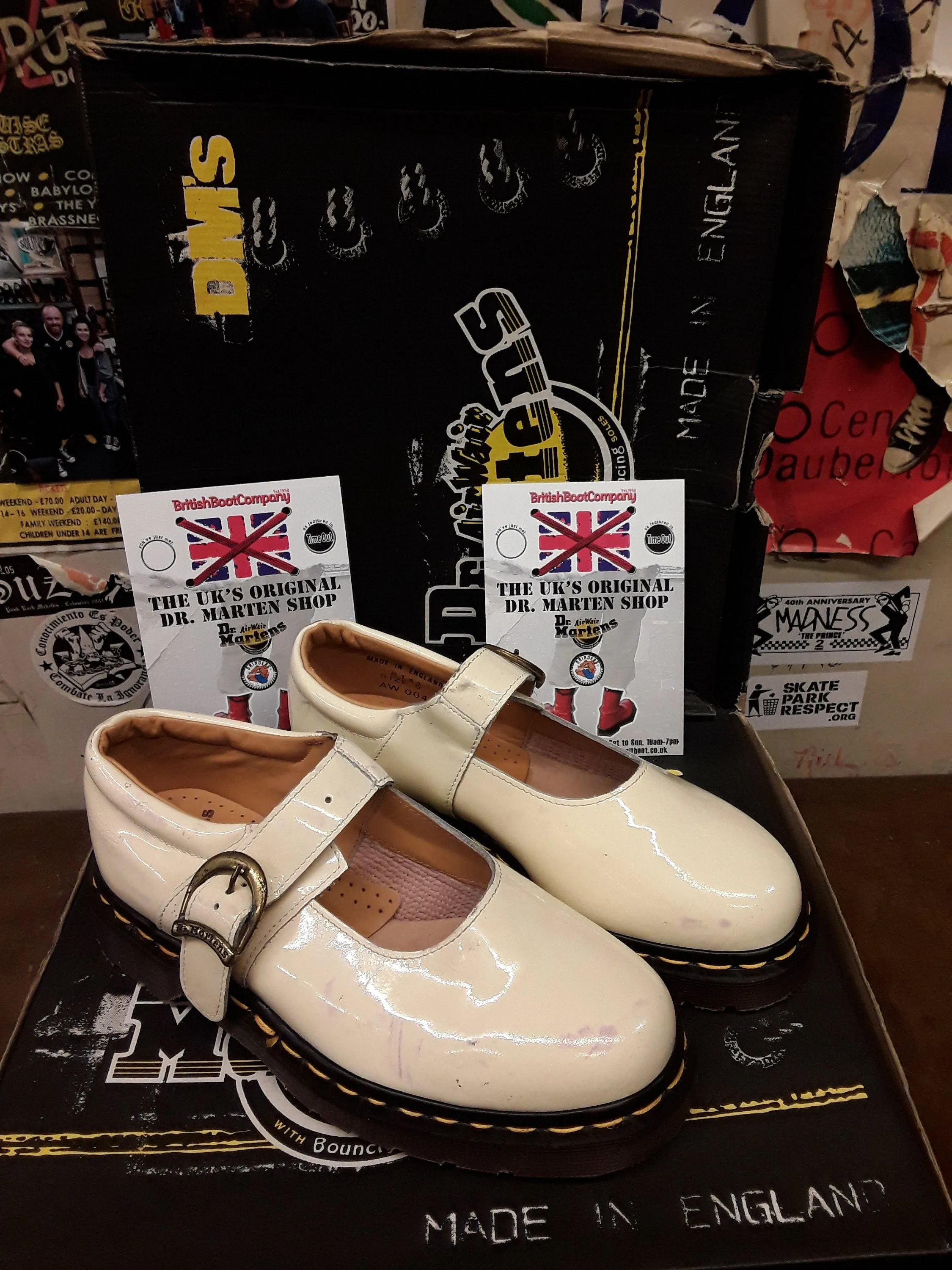 Dr Martens Strap Shoes, Made in England, Size UK5, Vintage 90's, Off White Patent  / 8141z