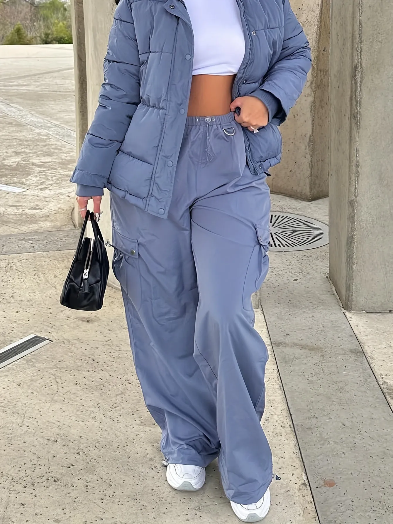 Drawstring Elastic Waist Casual Sporty Pants, Loose Fit Flap Pockets Sporty Cargo Pants, Women's Activewear