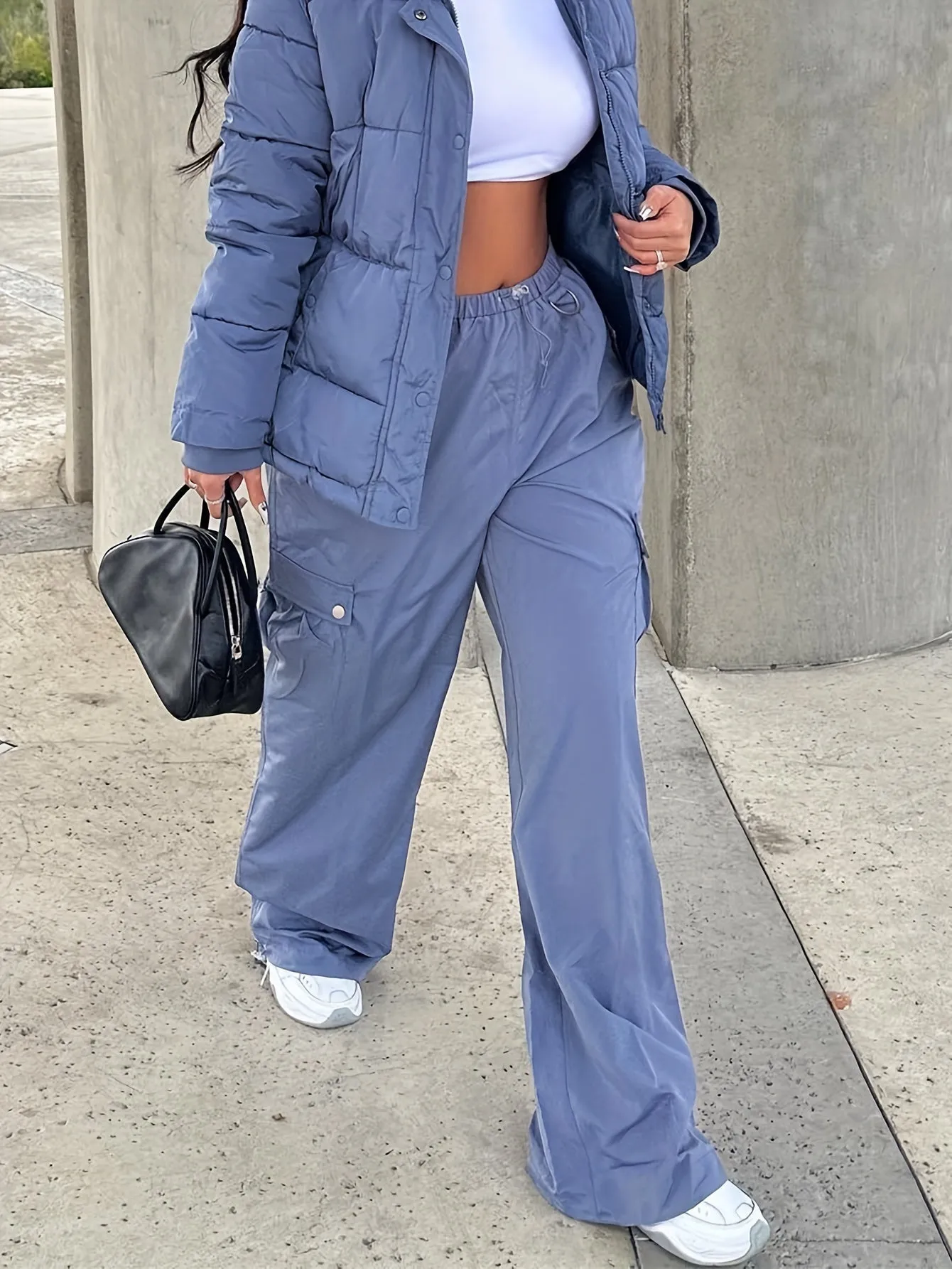 Drawstring Elastic Waist Casual Sporty Pants, Loose Fit Flap Pockets Sporty Cargo Pants, Women's Activewear