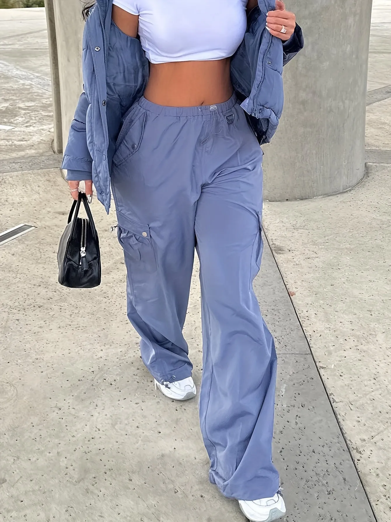 Drawstring Elastic Waist Casual Sporty Pants, Loose Fit Flap Pockets Sporty Cargo Pants, Women's Activewear