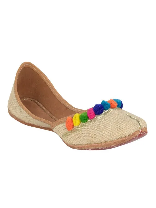 Evelyn - Ivory Pompom Jute & Leather Juttis