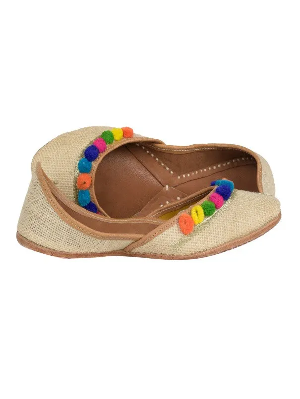 Evelyn - Ivory Pompom Jute & Leather Juttis