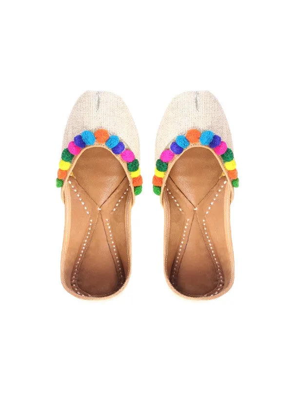 Evelyn - Ivory Pompom Jute & Leather Juttis