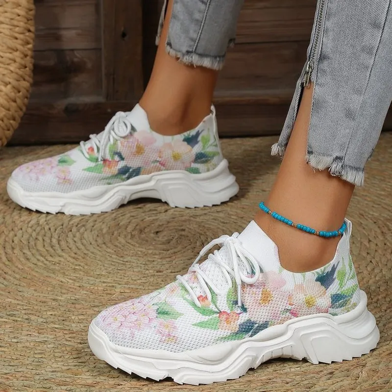 Floral Print Lace-up Breathable Sneakers