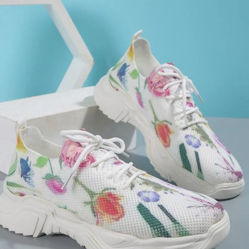 Floral Print Lace-up Breathable Sneakers