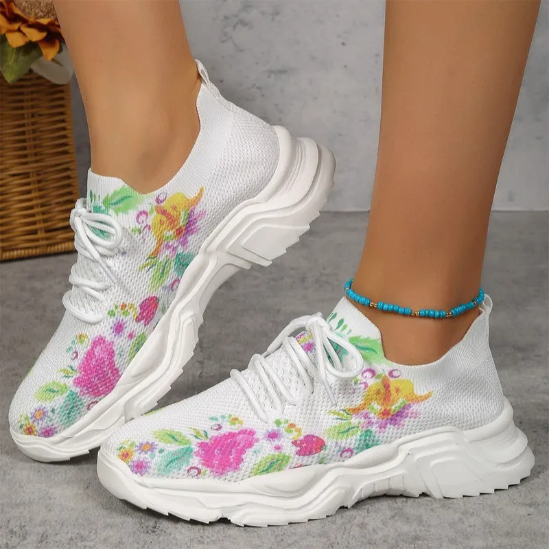 Floral Print Lace-up Breathable Sneakers