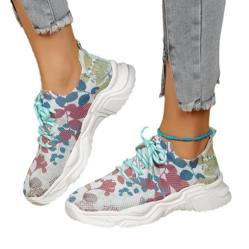 Floral Print Lace-up Breathable Sneakers