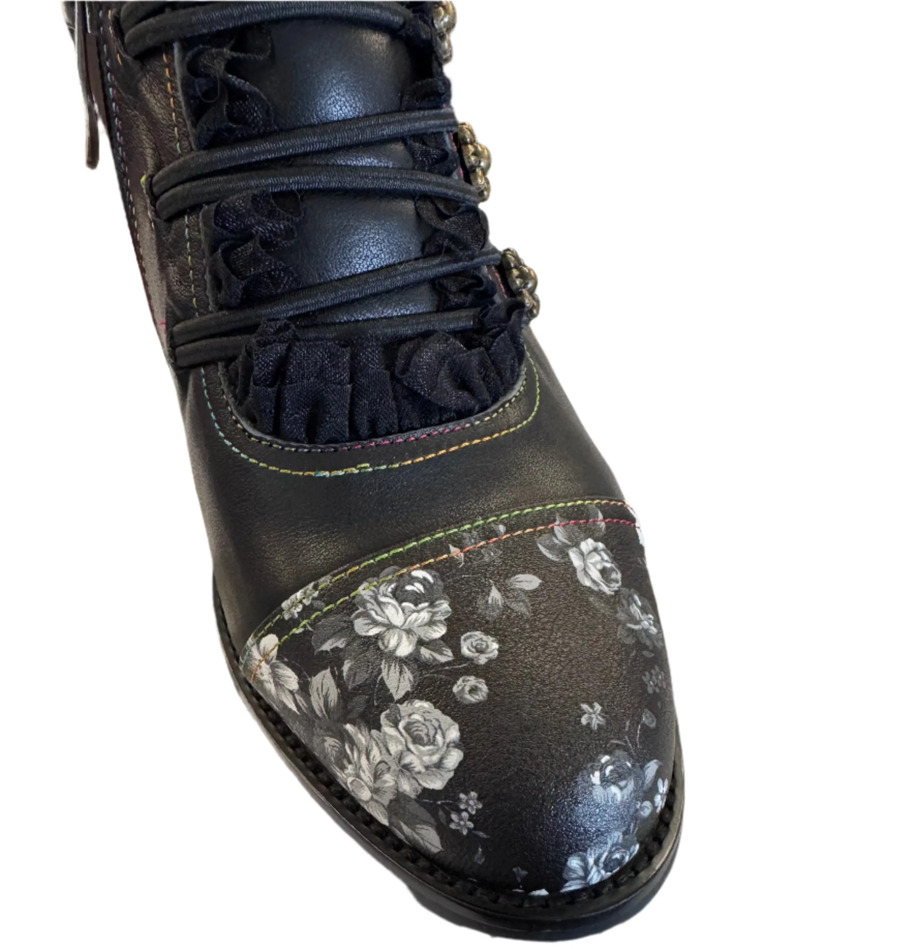 Hand Painted Round Toe Leather Bootie