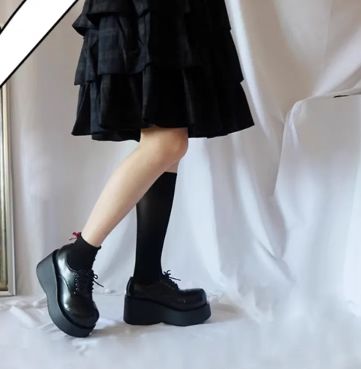 Harajuku Fashion Black Wedge Round-Toe Thick-Sole Shoes