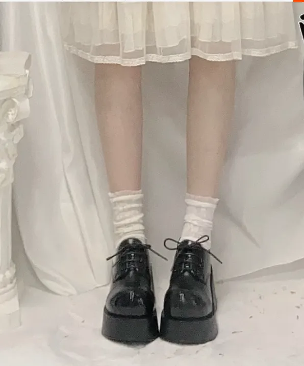 Harajuku Fashion Black Wedge Round-Toe Thick-Sole Shoes