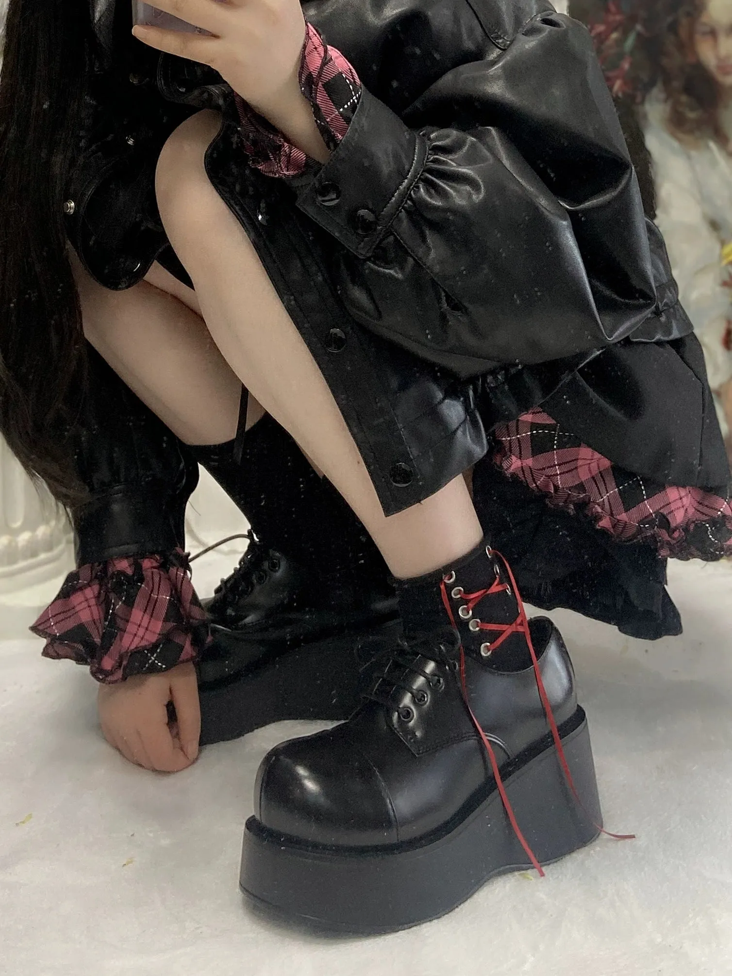 Harajuku Fashion Black Wedge Round-Toe Thick-Sole Shoes