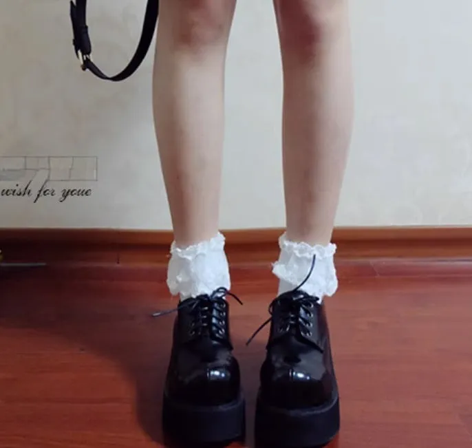 Harajuku Fashion Black Wedge Round-Toe Thick-Sole Shoes