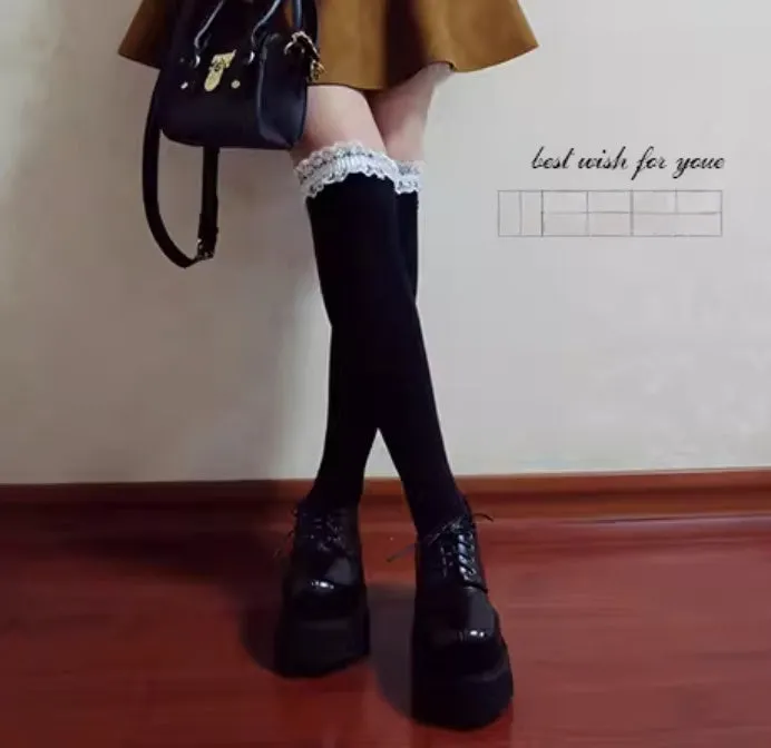 Harajuku Fashion Black Wedge Round-Toe Thick-Sole Shoes