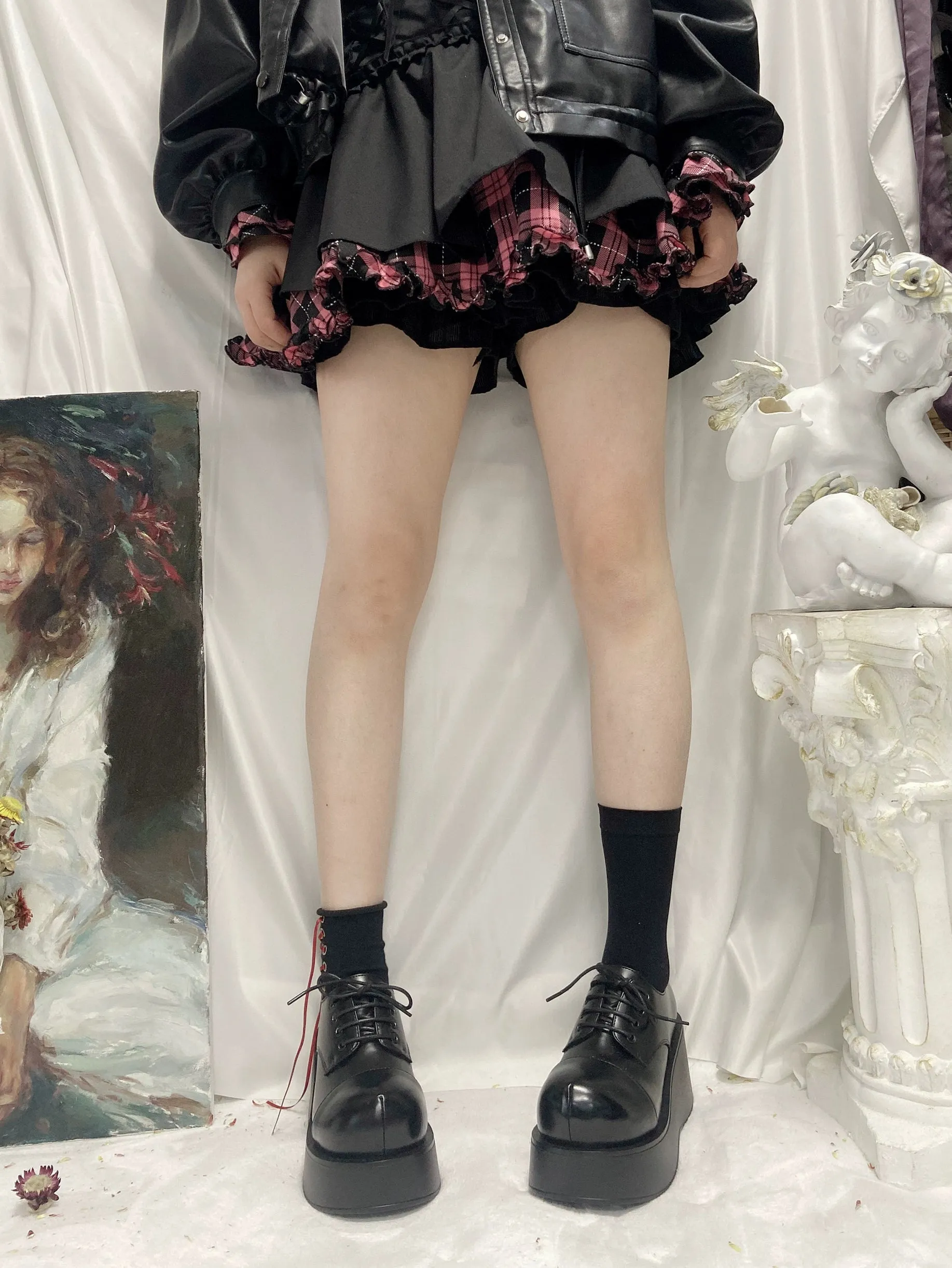 Harajuku Fashion Black Wedge Round-Toe Thick-Sole Shoes