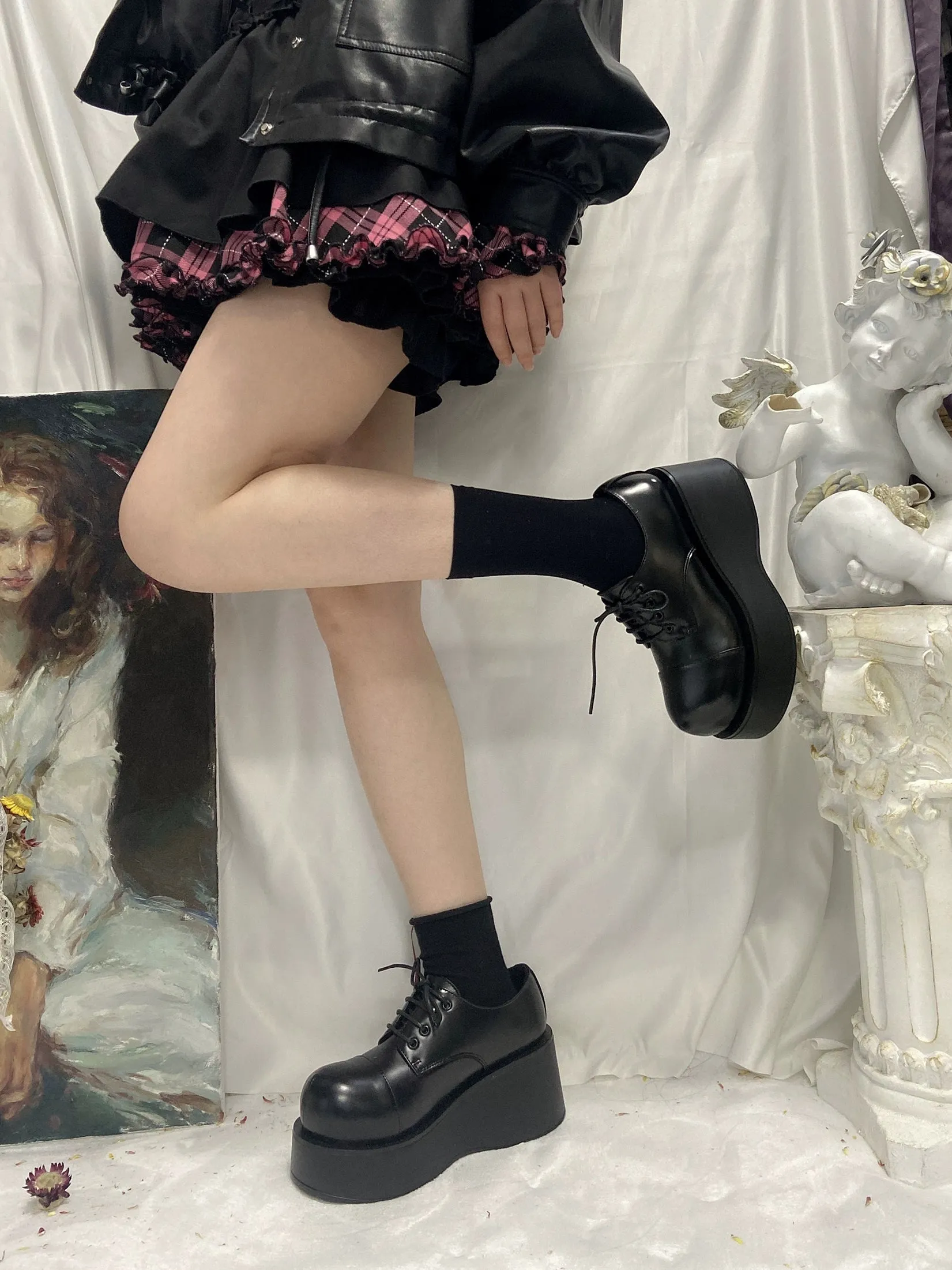 Harajuku Fashion Black Wedge Round-Toe Thick-Sole Shoes
