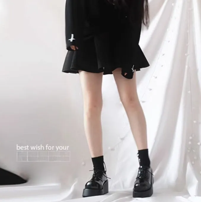 Harajuku Fashion Black Wedge Round-Toe Thick-Sole Shoes
