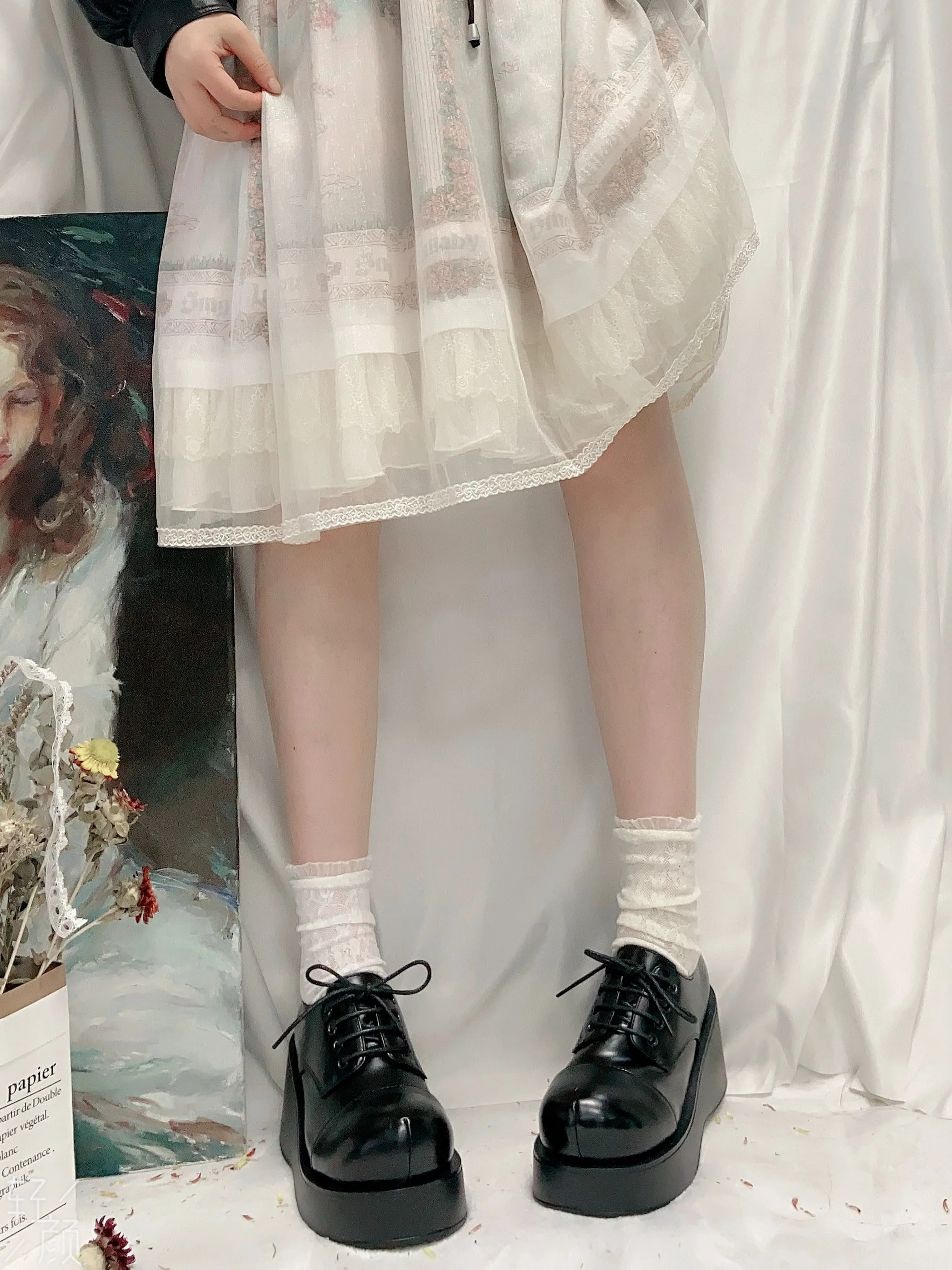 Harajuku Fashion Black Wedge Round-Toe Thick-Sole Shoes