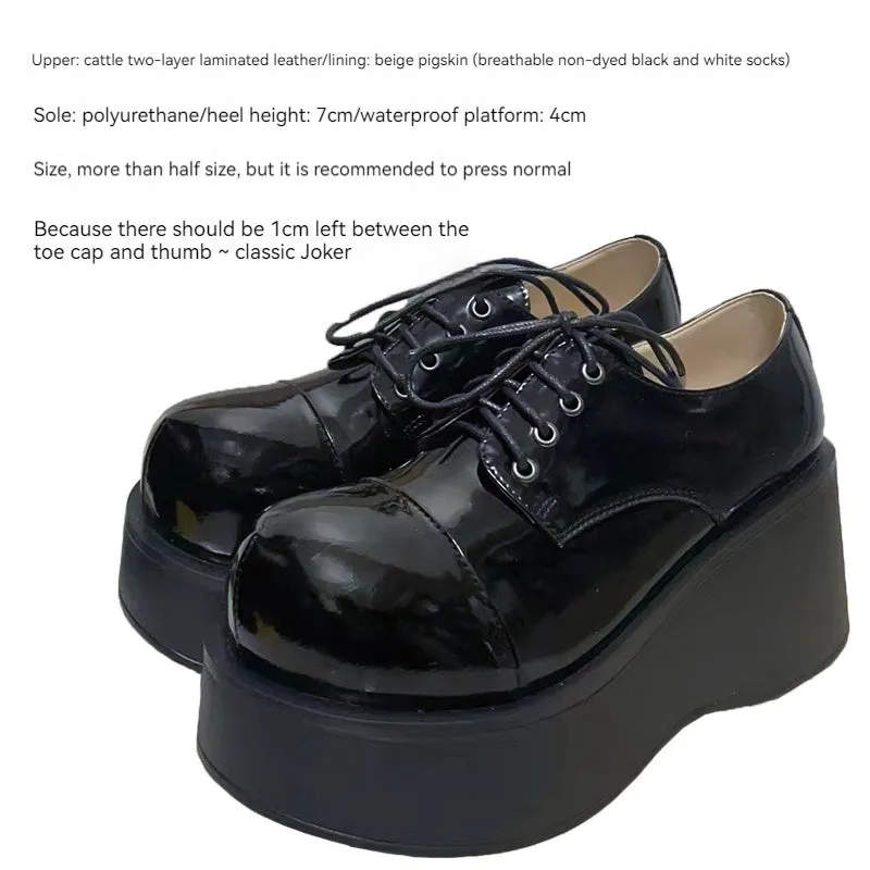 Harajuku Fashion Black Wedge Round-Toe Thick-Sole Shoes