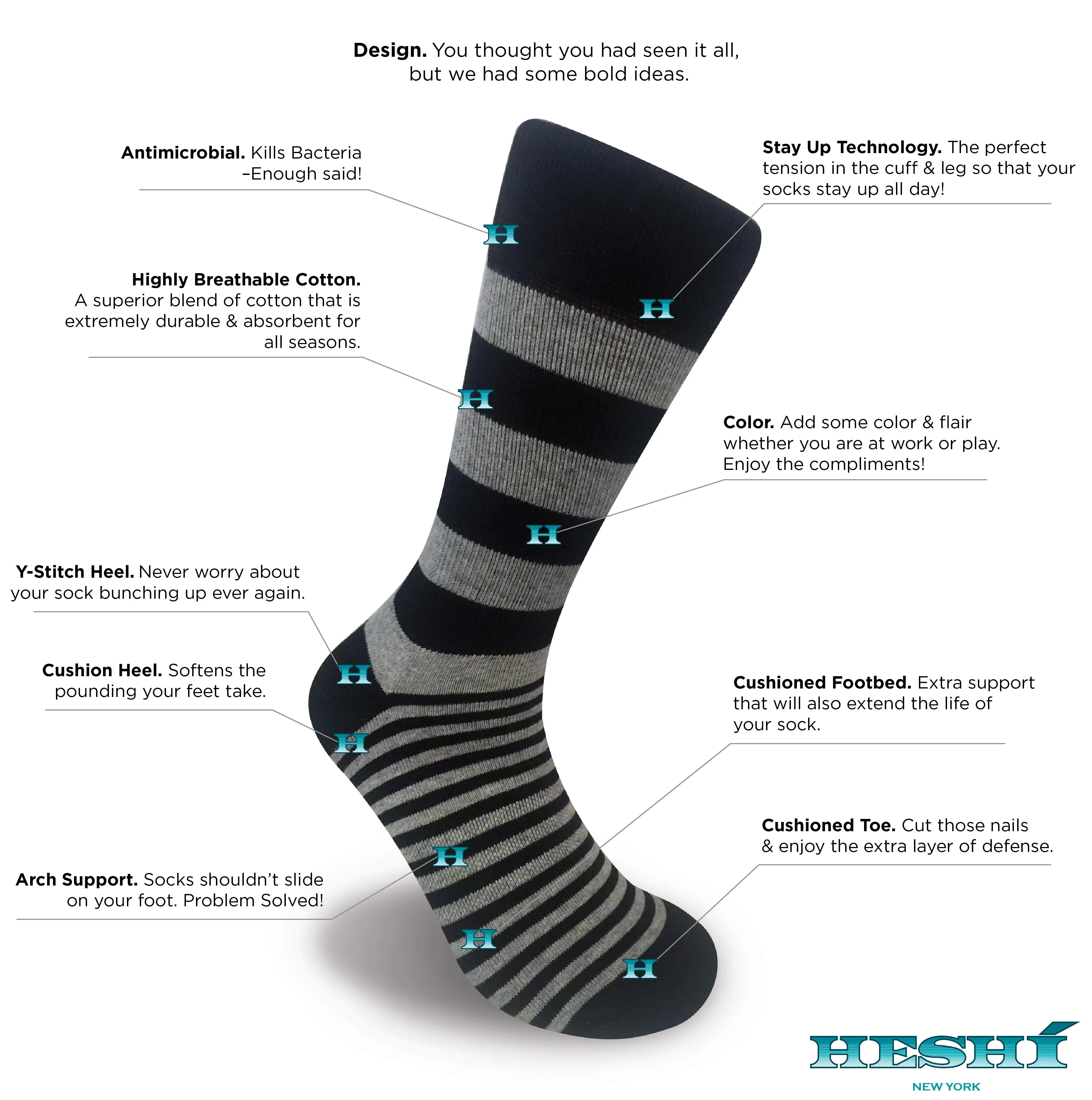 Heshí Alt Stripe Sock- Black / Heather Grey