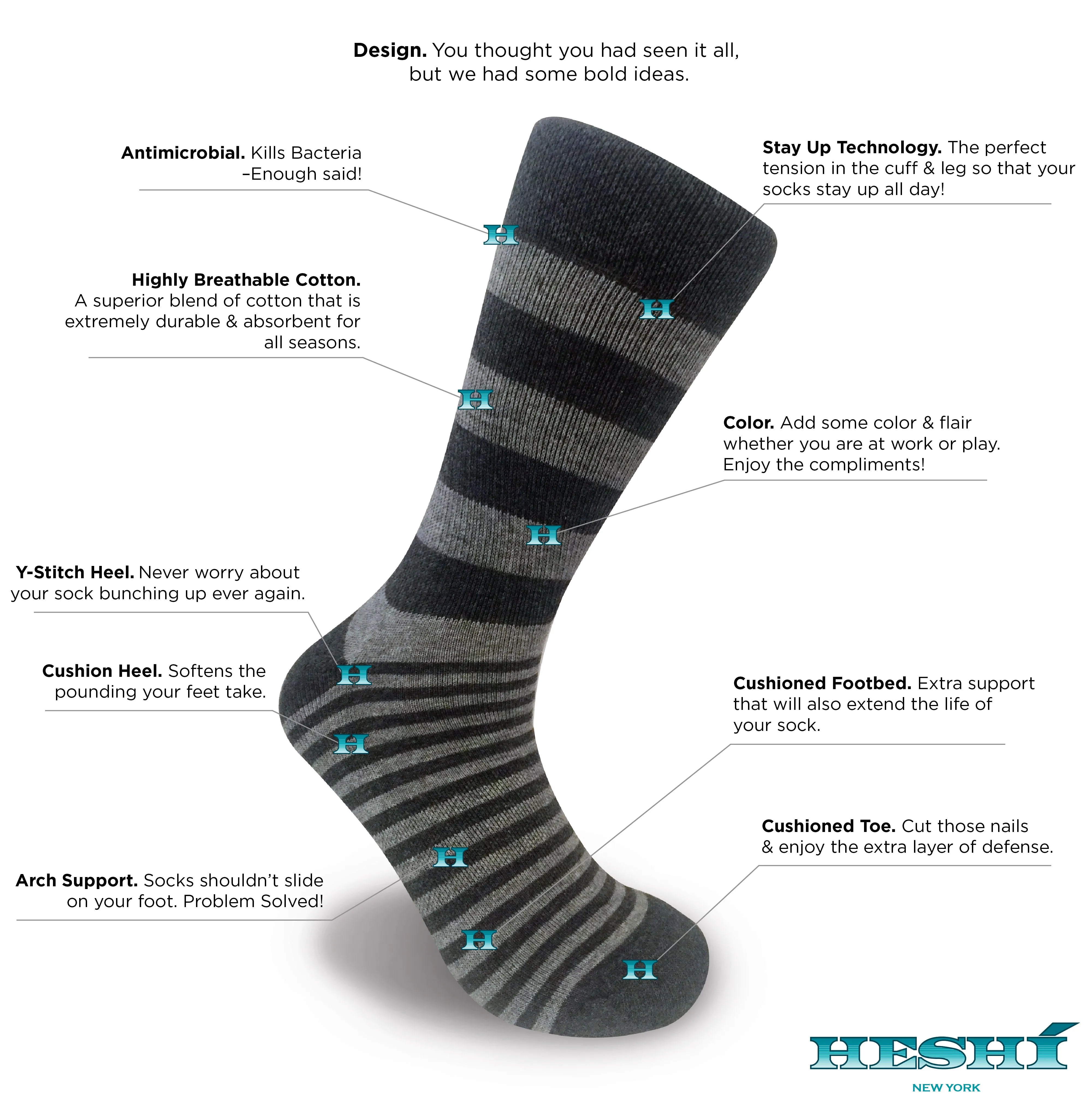 Heshí Alt Stripe Sock - Charcoal / Heather Grey
