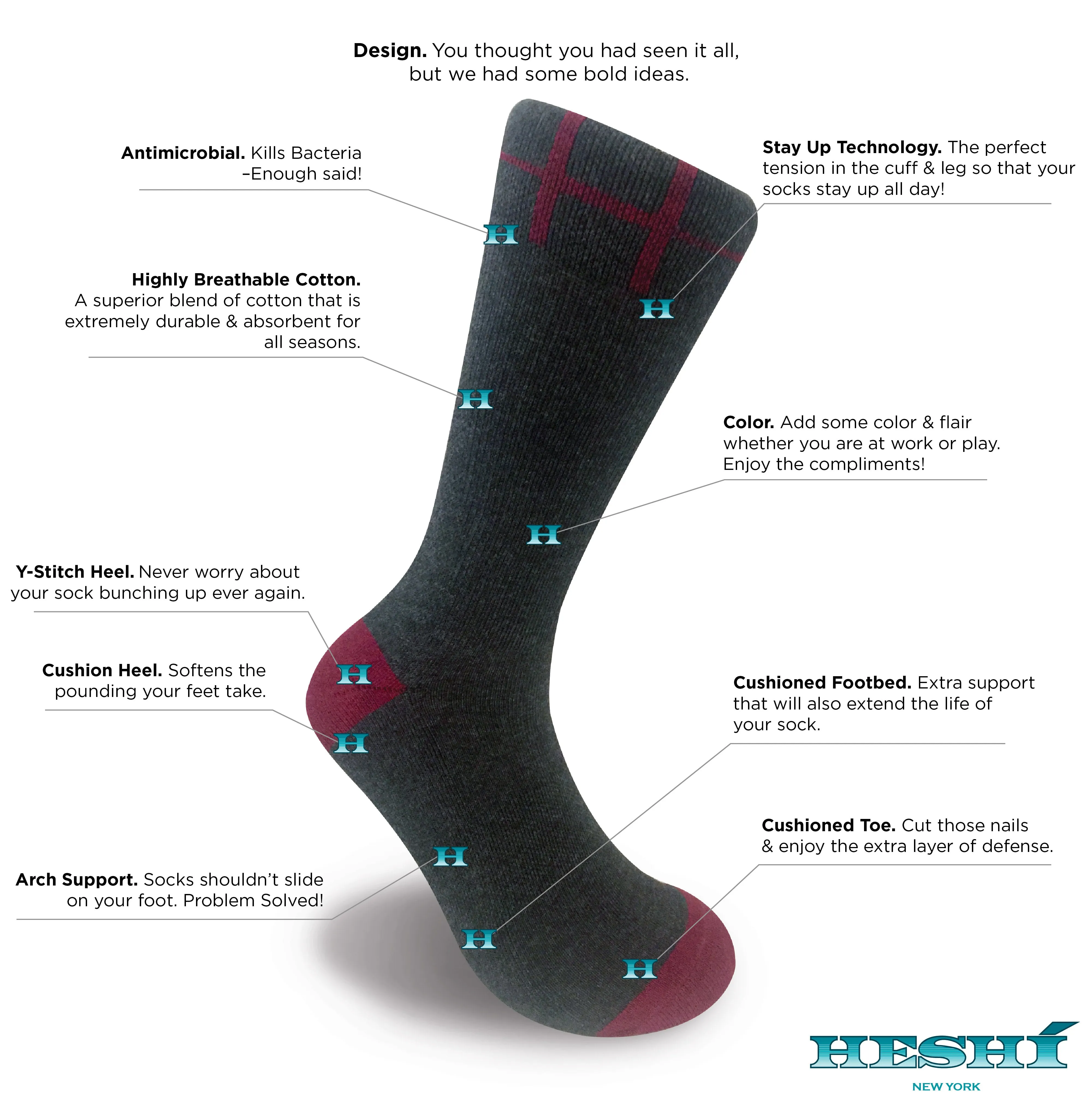 Heshí Heel/Toe Sock - Charcoal / Red