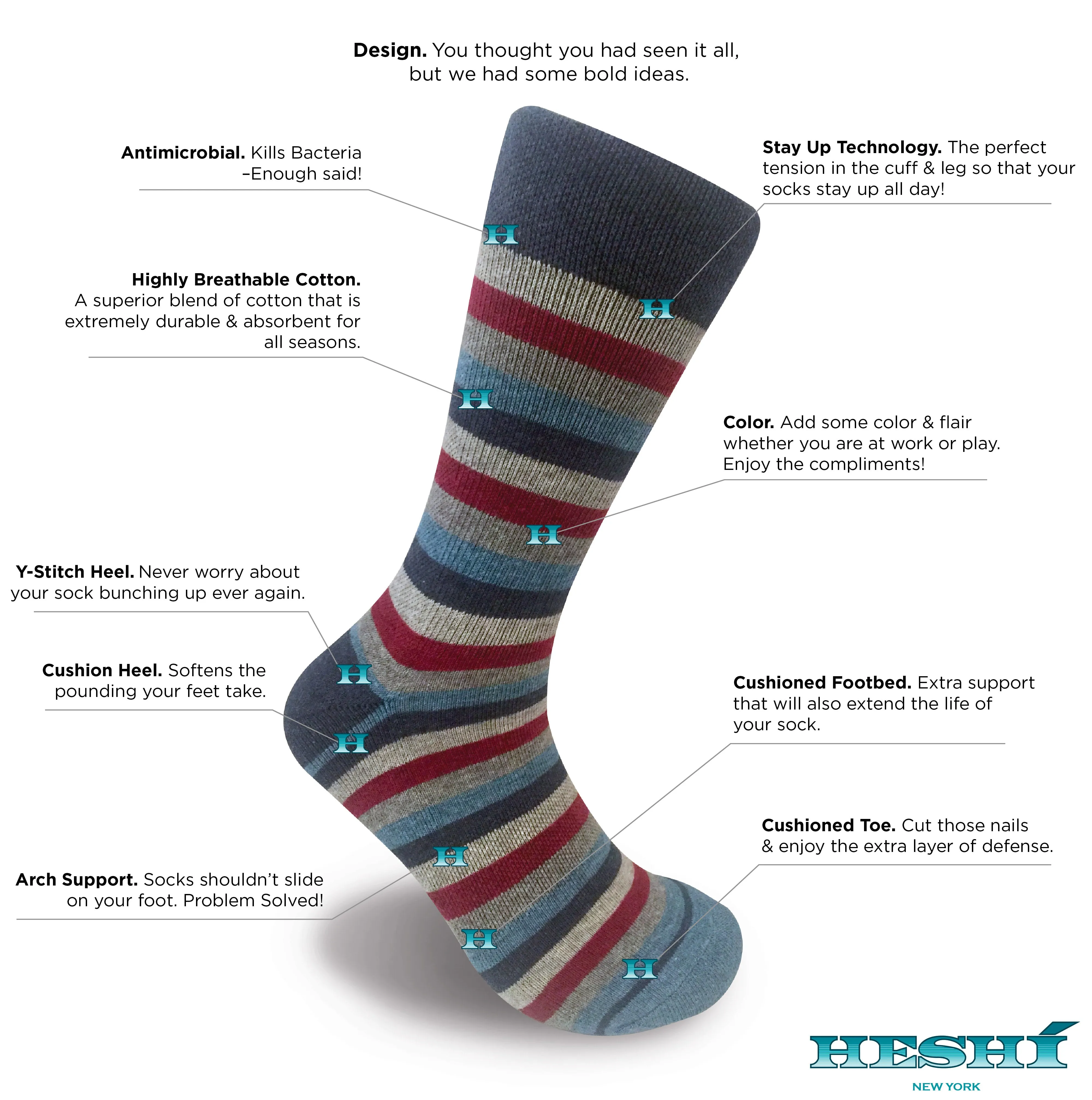 Heshí Medium Stripe Sock - Heather Blue / Red