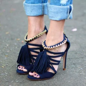 High Heel Strappy Ankle Fringe Sandals