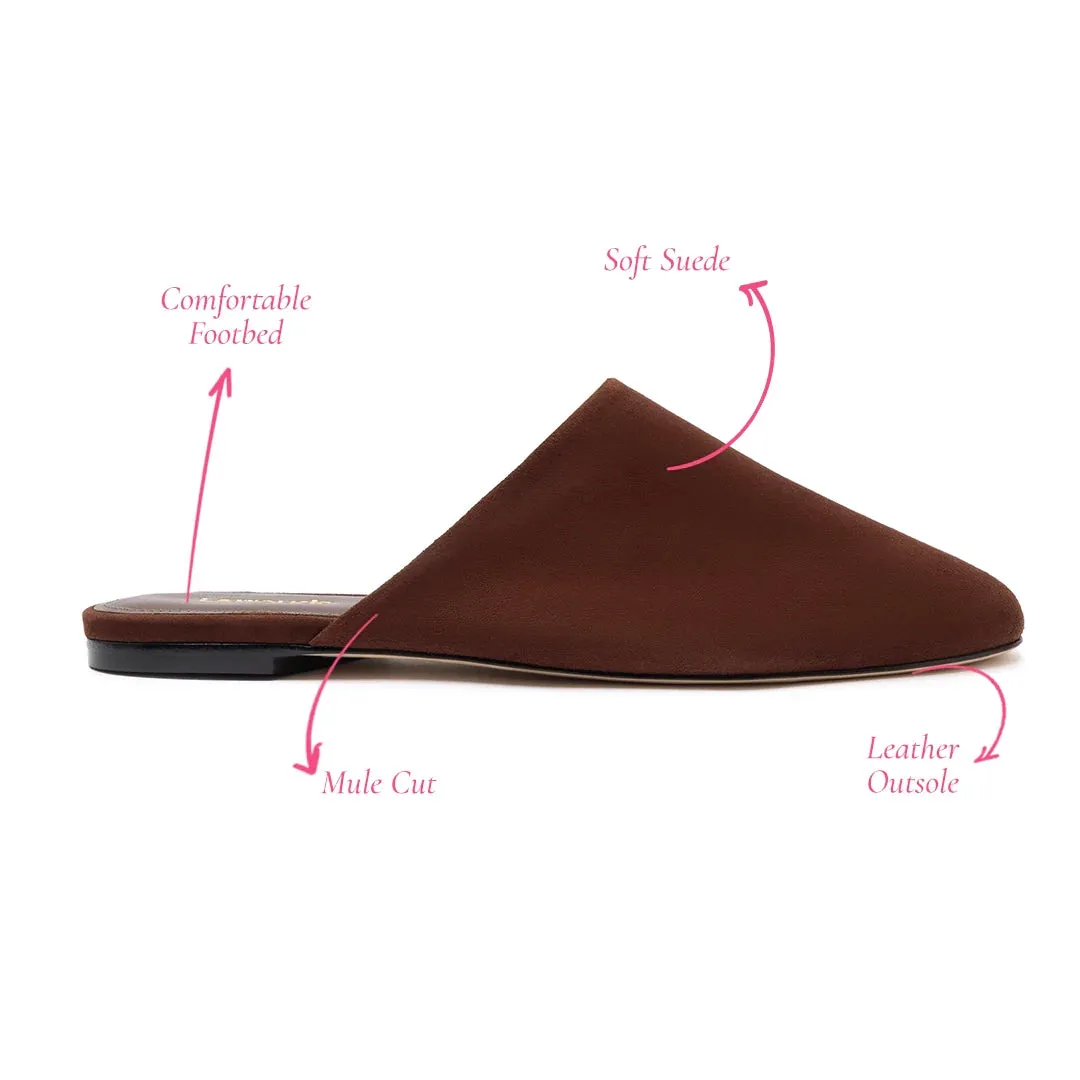 Larroude Venice Flat Mule and Pouch Kit In Brown Suede