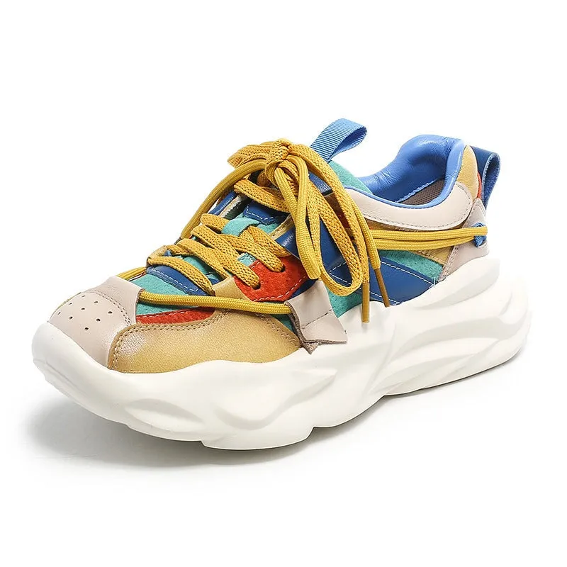 Leather Chunky Sneakers for Women Low-top Lace Up Contrast Color in Yellow/Green